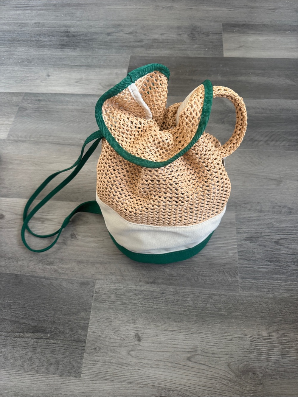 Rosie Assoulin x Target Straw & Cream Drawstring Bag w/Green Trim& Handle NWT